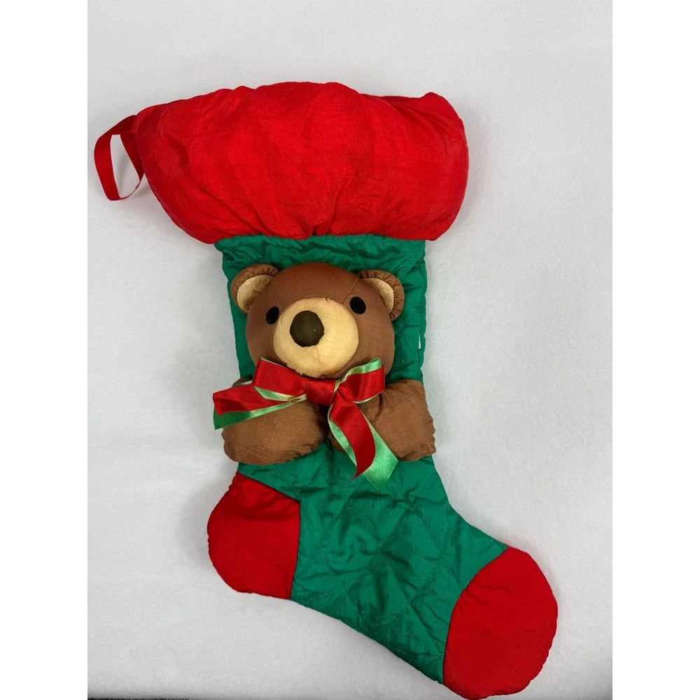 Adorable‎ Teddy Bear Christmas Stocking Holiday Decoration Festive Decor Vintage